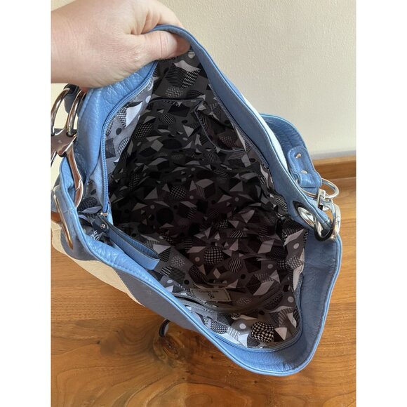 Angel Barcelo Nautical Stripes Tote Bag In Blue & White Pebbled Leather - Picture 6 of 9